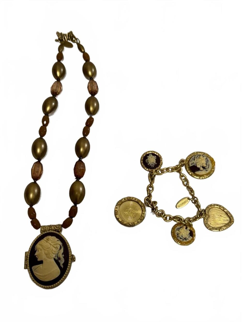 George Cameo Locket Necklace and Charm Bracelet Set Gold Tone Brown Beads